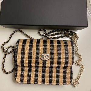 Chanel Mini Waist Belt Bag With Chain Raffia 21P